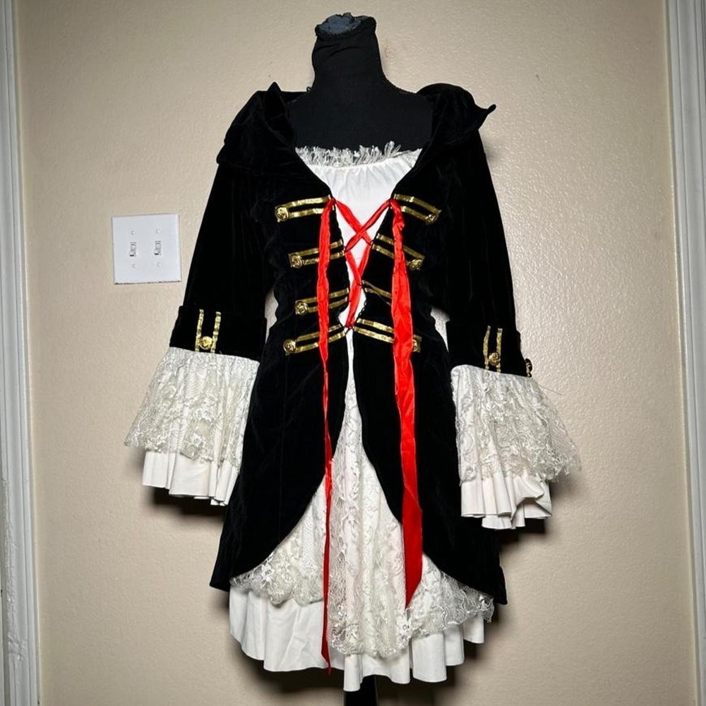 Leg Avenue Pirate Costume Dress Black White Lace Gold Trim Bell Sleeve Womens